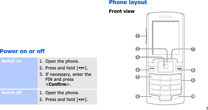 7Power on or offPhone layoutFront viewSwitch on1. Open the phone.2. Press and hold [ ].3. If necessary, enter the PIN and press &lt;Confirm&gt;.Switch off1. Open the phone.2. Press and hold [ ].14592368107