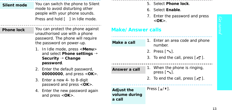 13Get startedMake/Answer callsYou can switch the phone to Silent mode to avoid disturbing other people with your phone sounds.Press and hold [ ] in Idle mode.You can protect the phone against unauthorised use with a phone password. The phone will require the password on power-up.1. In Idle mode, press &lt;Menu&gt; and select Phone settings → Security → Change password.2. Enter the default password, 00000000, and press &lt;OK&gt;.3. Enter a new 4- to 8-digit password and press &lt;OK&gt;.4. Enter the new password again and press &lt;OK&gt;. Silent modePhone lock5. Select Phone lock.6. Select Enable.7. Enter the password and press &lt;OK&gt;.1. Enter an area code and phone number.2. Press [ ].3. To end the call, press [ ].1. When the phone is ringing, press [ ].2. To end the call, press [ ].Press [ / ].Make a callAnswer a callAdjust the volume during a call