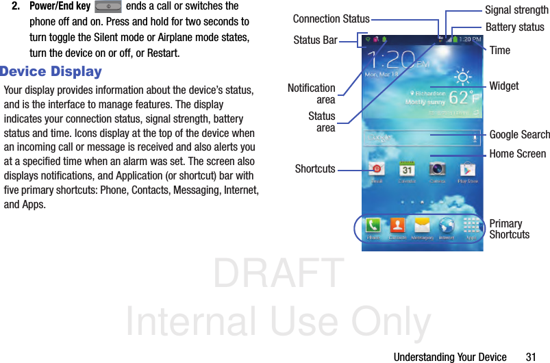 DRAFT Internal Use OnlyUnderstanding Your Device       312.Power/End key  ends a call or switches the phone off and on. Press and hold for two seconds to turn toggle the Silent mode or Airplane mode states, turn the device on or off, or Restart.Device DisplayYour display provides information about the device’s status, and is the interface to manage features. The display indicates your connection status, signal strength, battery status and time. Icons display at the top of the device when an incoming call or message is received and also alerts you at a specified time when an alarm was set. The screen also displays notifications, and Application (or shortcut) bar with five primary shortcuts: Phone, Contacts, Messaging, Internet, and Apps.WidgetHome ScreenPrimaryNotificationShortcutsStatus BarareaStatusareaShortcutsBattery statusConnection StatusTimeSignal strengthGoogle Search