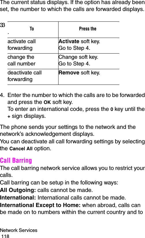 Network Services                                                                                        118The current status displays. If the option has already been set, the number to which the calls are forwarded displays.4. Enter the number to which the calls are to be forwarded and press the OK soft key. To enter an international code, press the 0 key until the + sign displays.The phone sends your settings to the network and the network’s acknowledgement displays.You can deactivate all call forwarding settings by selecting the Cancel All option.Call BarringThe call barring network service allows you to restrict your calls.Call barring can be setup in the following ways:All Outgoing: calls cannot be made.International: International calls cannot be made.International Except to Home: when abroad, calls can be made on to numbers within the current country and to 3.3.To Press theactivate call forwardingActivate soft key.Go to Step 4.change the  call numberChange soft key.Go to Step 4. deactivate call forwardingRemove soft key.