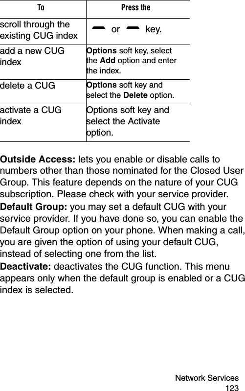 Network Services 123Outside Access: lets you enable or disable calls to numbers other than those nominated for the Closed User Group. This feature depends on the nature of your CUG subscription. Please check with your service provider.Default Group: you may set a default CUG with your service provider. If you have done so, you can enable the Default Group option on your phone. When making a call, you are given the option of using your default CUG, instead of selecting one from the list.Deactivate: deactivates the CUG function. This menu appears only when the default group is enabled or a CUG index is selected.To Press thescroll through the existing CUG index   or   key.add a new CUG indexOptions soft key, select the Add option and enter the index.delete a CUG Options soft key and select the Delete option.activate a CUG indexOptions soft key and select the Activate option.