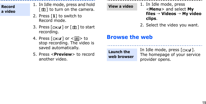 19Browse the web1. In Idle mode, press and hold [ ] to turn on the camera.2. Press [1] to switch to Record mode.3. Press [ ] or [ ] to start recording.4. Press [ ] or &lt; &gt; to stop recording. The video is saved automatically.5. Press &lt;Preview&gt; to record another video.Record a video1. In Idle mode, press &lt;Menu&gt; and select My files → Videos → My video clips.2. Select the video you want.In Idle mode, press [ ]. The homepage of your service provider opens.View a videoLaunch the web browser