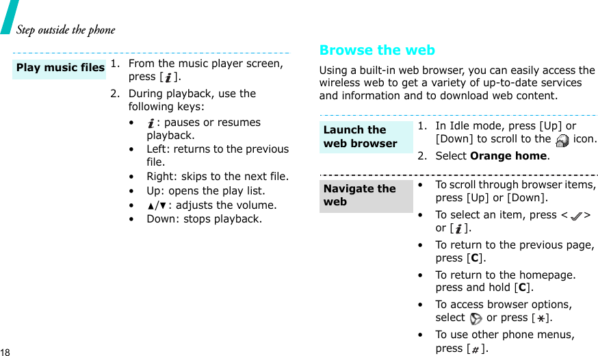 18Step outside the phoneBrowse the webUsing a built-in web browser, you can easily access the wireless web to get a variety of up-to-date services and information and to download web content.1. From the music player screen, press [ ].2. During playback, use the following keys:•: pauses or resumes playback.• Left: returns to the previous file.• Right: skips to the next file.• Up: opens the play list.• / : adjusts the volume.• Down: stops playback.Play music files1. In Idle mode, press [Up] or [Down] to scroll to the   icon.2. Select Orange home. • To scroll through browser items, press [Up] or [Down]. • To select an item, press &lt; &gt; or [ ].• To return to the previous page, press [C].• To return to the homepage. press and hold [C].• To access browser options, select  or press [].• To use other phone menus, press [ ].Launch the web browserNavigate the web