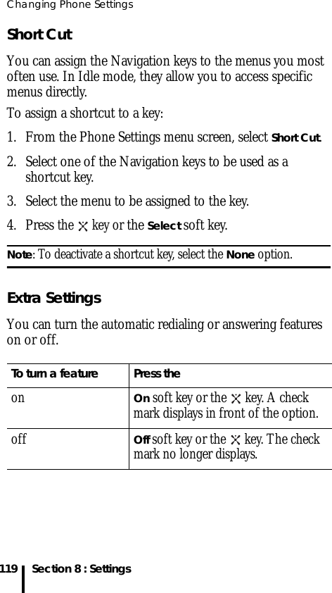 Changing Phone Settings119 Section 8 : SettingsShort CutYou can assign the Navigation keys to the menus you most often use. In Idle mode, they allow you to access specific menus directly.To assign a shortcut to a key:1. From the Phone Settings menu screen, select Short Cut.2. Select one of the Navigation keys to be used as a shortcut key.3. Select the menu to be assigned to the key.4. Press the   key or the Select soft key.Note: To deactivate a shortcut key, select the None option.Extra SettingsYou can turn the automatic redialing or answering features on or off.To turn a feature Press theonOn soft key or the   key. A check mark displays in front of the option.offOff soft key or the   key. The check mark no longer displays.