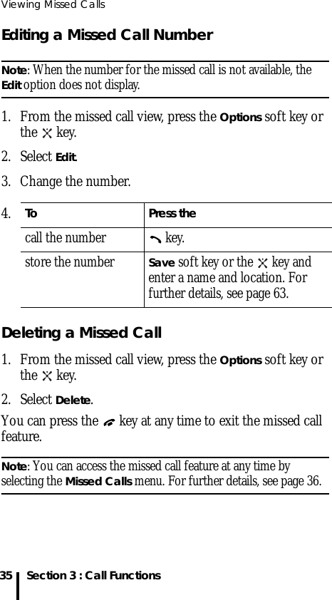 Viewing Missed Calls35 Section 3 : Call FunctionsEditing a Missed Call NumberNote: When the number for the missed call is not available, the Edit option does not display.1. From the missed call view, press the Options soft key or the  key.2. Select Edit.3. Change the number.Deleting a Missed Call1. From the missed call view, press the Options soft key or the  key.2. Select Delete.You can press the   key at any time to exit the missed call feature.Note: You can access the missed call feature at any time by selecting the Missed Calls menu. For further details, see page 36.4.To Press thecall the number  key.store the numberSave soft key or the   key and enter a name and location. For further details, see page 63.