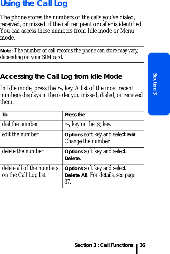 Section 3 : Call FunctionsSection 336Using the Call LogThe phone stores the numbers of the calls you’ve dialed, received, or missed, if the call recipient or caller is identified. You can access these numbers from Idle mode or Menu mode.Note: The number of call records the phone can store may vary, depending on your SIM card.Accessing the Call Log from Idle ModeIn Idle mode, press the   key. A list of the most recent numbers displays in the order you missed, dialed, or received them.ToPress thedial the number   key or the   key.edit the number Options soft key and select Edit. Change the number.delete the number Options soft key and select Delete.delete all of the numbers on the Call Log list Options soft key and select Delete All. For details, see page 37.