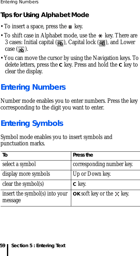 Entering Numbers59 Section 5 : Entering TextTips for Using Alphabet Mode• To insert a space, press the   key. • To shift case in Alphabet mode, use the   key. There are 3 cases: Initial capital ( ), Capital lock ( ), and Lower case ( ).• You can move the cursor by using the Navigation keys. To delete letters, press the C key. Press and hold the C key to clear the display. Entering NumbersNumber mode enables you to enter numbers. Press the key corresponding to the digit you want to enter.Entering SymbolsSymbol mode enables you to insert symbols and punctuation marks.  To Press the select a symbol corresponding number key.display more symbols Up or Down key. clear the symbol(s)C key. insert the symbol(s) into your messageOK soft key or the   key.