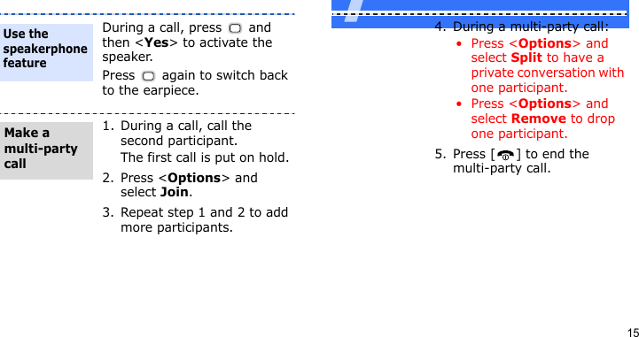 15During a call, press   and then &lt;Yes&gt; to activate the speaker.Press   again to switch back to the earpiece.1. During a call, call the second participant.The first call is put on hold.2. Press &lt;Options&gt; and select Join.3. Repeat step 1 and 2 to add more participants.Use the speakerphone featureMake a multi-party call4. During a multi-party call:•Press &lt;Options&gt; and select Split to have a private conversation with one participant. •Press &lt;Options&gt; and select Remove to drop one participant.5. Press [ ] to end the multi-party call.