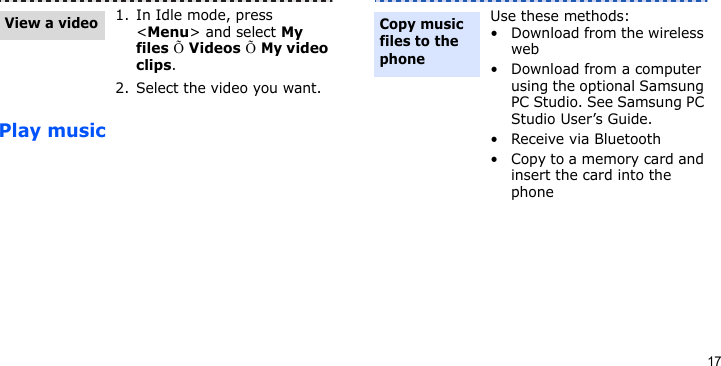 17Play music1. In Idle mode, press &lt;Menu&gt; and select My files Õ Videos Õ My video clips.2. Select the video you want.View a videoUse these methods:• Download from the wireless web• Download from a computer using the optional Samsung PC Studio. See Samsung PC Studio User’s Guide.• Receive via Bluetooth• Copy to a memory card and insert the card into the phoneCopy music files to the phone