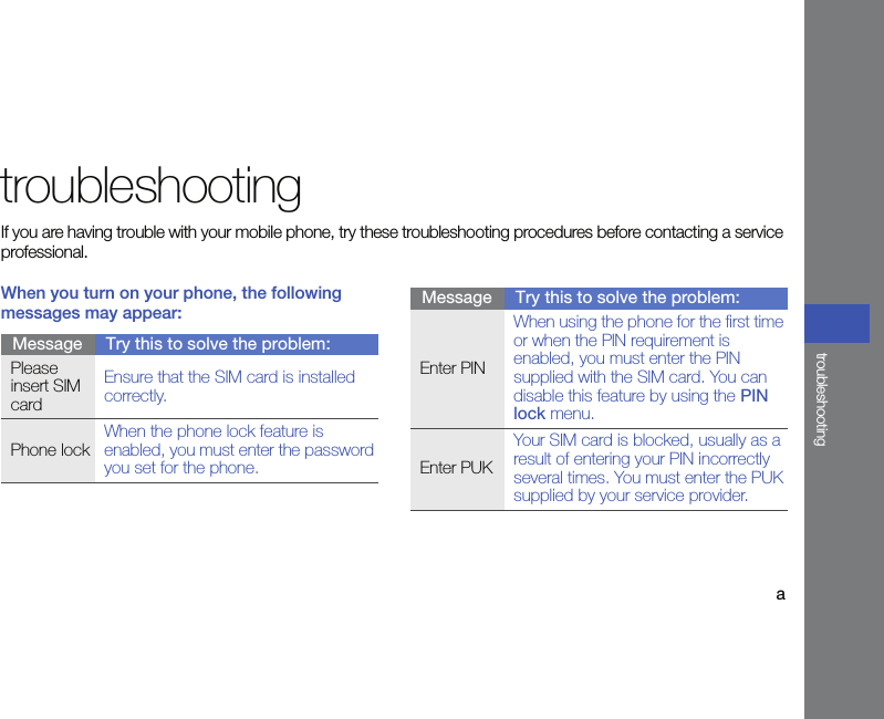 atroubleshootingtroubleshootingIf you are having trouble with your mobile phone, try these troubleshooting procedures before contacting a service professional.When you turn on your phone, the following messages may appear:Message Try this to solve the problem:Please insert SIM cardEnsure that the SIM card is installed correctly.Phone lockWhen the phone lock feature is enabled, you must enter the password you set for the phone.Enter PINWhen using the phone for the first time or when the PIN requirement is enabled, you must enter the PIN supplied with the SIM card. You can disable this feature by using the PIN lock menu.Enter PUKYour SIM card is blocked, usually as a result of entering your PIN incorrectly several times. You must enter the PUK supplied by your service provider. Message Try this to solve the problem: