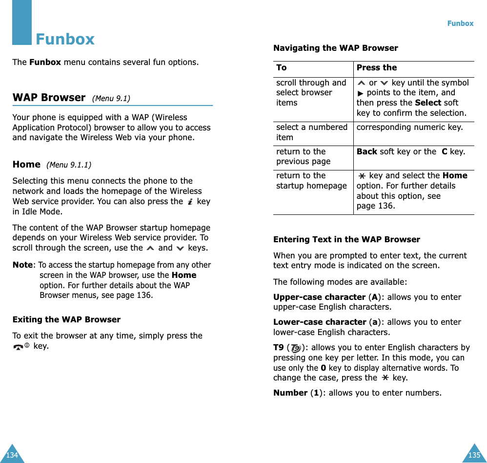 134FunboxThe Funbox menu contains several fun options.WAP Browser  (Menu 9.1) Your phone is equipped with a WAP (Wireless Application Protocol) browser to allow you to access and navigate the Wireless Web via your phone.Home  (Menu 9.1.1)Selecting this menu connects the phone to the network and loads the homepage of the Wireless Web service provider. You can also press the   key in Idle Mode.The content of the WAP Browser startup homepage depends on your Wireless Web service provider. To scroll through the screen, use the   and   keys.Note: To access the startup homepage from any other screen in the WAP browser, use the Home option. For further details about the WAP Browser menus, see page 136.Exiting the WAP BrowserTo exit the browser at any time, simply press the   key.Funbox135Navigating the WAP BrowserEntering Text in the WAP BrowserWhen you are prompted to enter text, the current text entry mode is indicated on the screen. The following modes are available:Upper-case character (A): allows you to enter upper-case English characters.Lower-case character (a): allows you to enter lower-case English characters.T9 ( ): allows you to enter English characters by pressing one key per letter. In this mode, you can use only the 0 key to display alternative words. To change the case, press the   key.Number (1): allows you to enter numbers.To Press thescroll through and select browser items or   key until the symbol  points to the item, and then press the Select soft key to confirm the selection.select a numbered itemcorresponding numeric key.return to the previous pageBack soft key or the  C key.return to the startup homepage key and select the Home option. For further details about this option, see page 136.