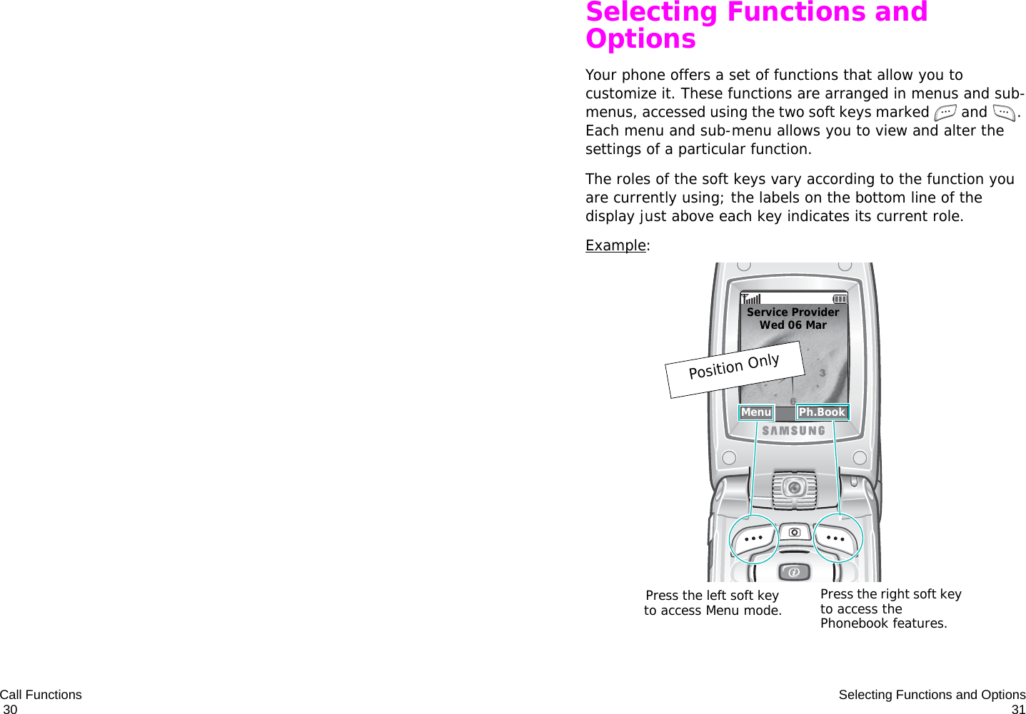 Call Functions                                                                                       30 Selecting Functions and Options31Selecting Functions and OptionsYour phone offers a set of functions that allow you to customize it. These functions are arranged in menus and sub-menus, accessed using the two soft keys marked   and  . Each menu and sub-menu allows you to view and alter the settings of a particular function.The roles of the soft keys vary according to the function you are currently using; the labels on the bottom line of the display just above each key indicates its current role.Example:Menu        Ph.BookService ProviderWed 06 MarPosition OnlyPress the left soft key to access Menu mode. Press the right soft key to access the Phonebook features.