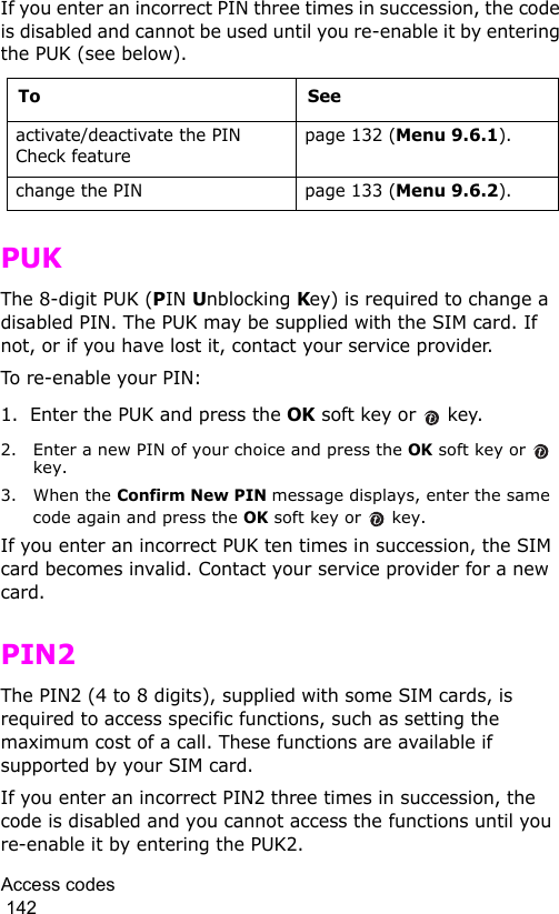 Access codes                                                                                        142If you enter an incorrect PIN three times in succession, the code is disabled and cannot be used until you re-enable it by entering the PUK (see below).PUKThe 8-digit PUK (PIN Unblocking Key) is required to change a disabled PIN. The PUK may be supplied with the SIM card. If not, or if you have lost it, contact your service provider.To re-enable your PIN:1. Enter the PUK and press the OK soft key or   key.2. Enter a new PIN of your choice and press the OK soft key or   key.3. When the Confirm New PIN message displays, enter the same code again and press the OK soft key or  key.If you enter an incorrect PUK ten times in succession, the SIM card becomes invalid. Contact your service provider for a new card.PIN2The PIN2 (4 to 8 digits), supplied with some SIM cards, is required to access specific functions, such as setting the maximum cost of a call. These functions are available if supported by your SIM card.If you enter an incorrect PIN2 three times in succession, the code is disabled and you cannot access the functions until you re-enable it by entering the PUK2.To Seeactivate/deactivate the PIN Check featurepage 132 (Menu 9.6.1).change the PIN page 133 (Menu 9.6.2).