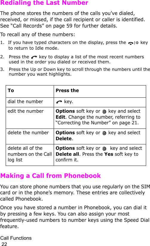 Call Functions                                                                                        22Redialing the Last NumberThe phone stores the numbers of the calls you’ve dialed, received, or missed, if the call recipient or caller is identified. See “Call Records” on page 59 for further details. To recall any of these numbers:1. If you have typed characters on the display, press the   key to return to Idle mode.2. Press the   key to display a list of the most recent numbers used in the order you dialed or received them.3. Press the Up or Down key to scroll through the numbers until the number you want highlights. Making a Call from PhonebookYou can store phone numbers that you use regularly on the SIM card or in the phone’s memory. These entries are collectively called Phonebook. Once you have stored a number in Phonebook, you can dial it by pressing a few keys. You can also assign your most frequently-used numbers to number keys using the Speed Dial feature.ToPress thedial the number   key.edit the number Options soft key or   key and select Edit. Change the number, referring to “Correcting the Number” on page 21.delete the number Options soft key or   key and select Delete.delete all of the numbers on the Call log list Options soft key or   key and select Delete all. Press the Yes soft key to confirm it.