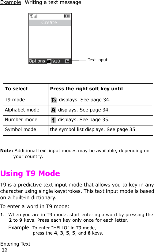 Entering Text                                                                                        32Example: Writing a text messageNote: Additional text input modes may be available, depending on your country.Using T9 ModeT9 is a predictive text input mode that allows you to key in any character using single keystrokes. This text input mode is based on a built-in dictionary.To enter a word in T9 mode:1. When you are in T9 mode, start entering a word by pressing the 2 to 9 keys. Press each key only once for each letter. Example: To enter “HELLO” in T9 mode,  press the 4, 3, 5, 5, and 6 keys.To select Press the right soft key untilT9 mode  displays. See page 34.Alphabet mode  displays. See page 34.Number mode  displays. See page 35.Symbol mode the symbol list displays. See page 35.Tex t i np ut  Options