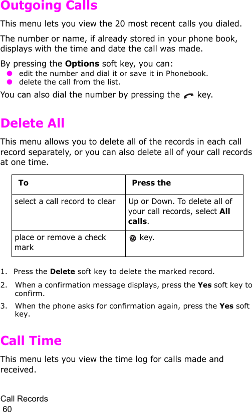 Call Records                                                                                        60Outgoing CallsThis menu lets you view the 20 most recent calls you dialed.The number or name, if already stored in your phone book, displays with the time and date the call was made. By pressing the Options soft key, you can: ● edit the number and dial it or save it in Phonebook. ● delete the call from the list.You can also dial the number by pressing the   key.Delete AllThis menu allows you to delete all of the records in each call record separately, or you can also delete all of your call records at one time.1. Press the Delete soft key to delete the marked record.2. When a confirmation message displays, press the Yes soft key to confirm.3. When the phone asks for confirmation again, press the Yes soft key.Call TimeThis menu lets you view the time log for calls made and received. To Press theselect a call record to clear Up or Down. To delete all of your call records, select All calls.place or remove a check mark key.