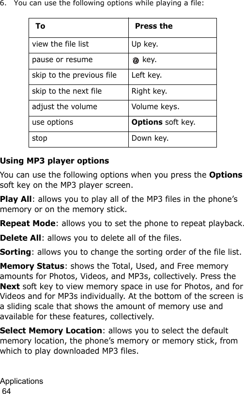 Applications                                                                                        646. You can use the following options while playing a file:Using MP3 player optionsYou can use the following options when you press the Options soft key on the MP3 player screen. Play All: allows you to play all of the MP3 files in the phone’s memory or on the memory stick.Repeat Mode: allows you to set the phone to repeat playback.Delete All: allows you to delete all of the files.Sorting: allows you to change the sorting order of the file list. Memory Status: shows the Total, Used, and Free memory amounts for Photos, Videos, and MP3s, collectively. Press the Next soft key to view memory space in use for Photos, and for Videos and for MP3s individually. At the bottom of the screen is a sliding scale that shows the amount of memory use and available for these features, collectively.Select Memory Location: allows you to select the default memory location, the phone’s memory or memory stick, from which to play downloaded MP3 files.To Press theview the file list Up key.pause or resume  key.skip to the previous file Left key.skip to the next file Right key.adjust the volume Volume keys.use optionsOptions soft key.stop Down key.
