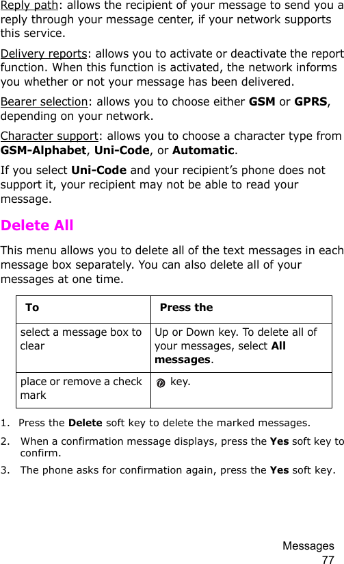 Messages 77Reply path: allows the recipient of your message to send you a reply through your message center, if your network supports this service. Delivery reports: allows you to activate or deactivate the report function. When this function is activated, the network informs you whether or not your message has been delivered.Bearer selection: allows you to choose either GSM or GPRS, depending on your network.Character support: allows you to choose a character type from GSM-Alphabet, Uni-Code, or Automatic. If you select Uni-Code and your recipient’s phone does not support it, your recipient may not be able to read your message.Delete AllThis menu allows you to delete all of the text messages in each message box separately. You can also delete all of your messages at one time.1. Press the Delete soft key to delete the marked messages.2. When a confirmation message displays, press the Yes soft key to confirm.3. The phone asks for confirmation again, press the Yes soft key.To Press theselect a message box to clearUp or Down key. To delete all of your messages, select All messages.place or remove a check mark key.