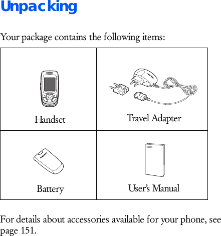 UnpackingYour package contains the following items:For details about accessories available for your phone, see page 151.Hands et Travel Adapte rBattery Us e r’s  Manual