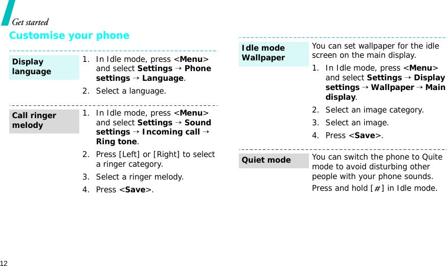 12Get startedCustomise your phone1. In Idle mode, press &lt;Menu&gt; and select Settings → Phone settings → Language.2. Select a language.1. In Idle mode, press &lt;Menu&gt; and select Settings → Sound settings → Incoming call → Ring tone.2. Press [Left] or [Right] to select a ringer category.3. Select a ringer melody.4. Press &lt;Save&gt;.Display languageCall ringer melodyYou can set wallpaper for the idle screen on the main display.1. In Idle mode, press &lt;Menu&gt; and select Settings → Display settings → Wallpaper → Main display.2. Select an image category.3. Select an image.4. Press &lt;Save&gt;.You can switch the phone to Quite mode to avoid disturbing other people with your phone sounds.Press and hold [ ] in Idle mode.Idle mode Wallpaper Quiet mode
