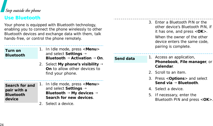 24Step outside the phoneUse BluetoothYour phone is equipped with Bluetooth technology, enabling you to connect the phone wirelessly to other Bluetooth devices and exchange data with them, talk hands-free, or control the phone remotely.1. In Idle mode, press &lt;Menu&gt; and select Settings → Bluetooth → Activation → On.2. Select My phone’s visibility → On to allow other devices to find your phone.1. In Idle mode, press &lt;Menu&gt; and select Settings → Bluetooth → My devices → Search for new devices.2. Select a device.Turn on BluetoothSearch for and pair with a Bluetooth device3. Enter a Bluetooth PIN or the other device’s Bluetooth PIN, if it has one, and press &lt;OK&gt;.When the owner of the other device enters the same code, pairing is complete.1. Access an application, Phonebook, File manager, or Calendar.2. Scroll to an item.3. Press &lt;Options&gt; and select Send via → Bluetooth. 4. Select a device.5. If necessary, enter the Bluetooth PIN and press &lt;OK&gt;.Send data