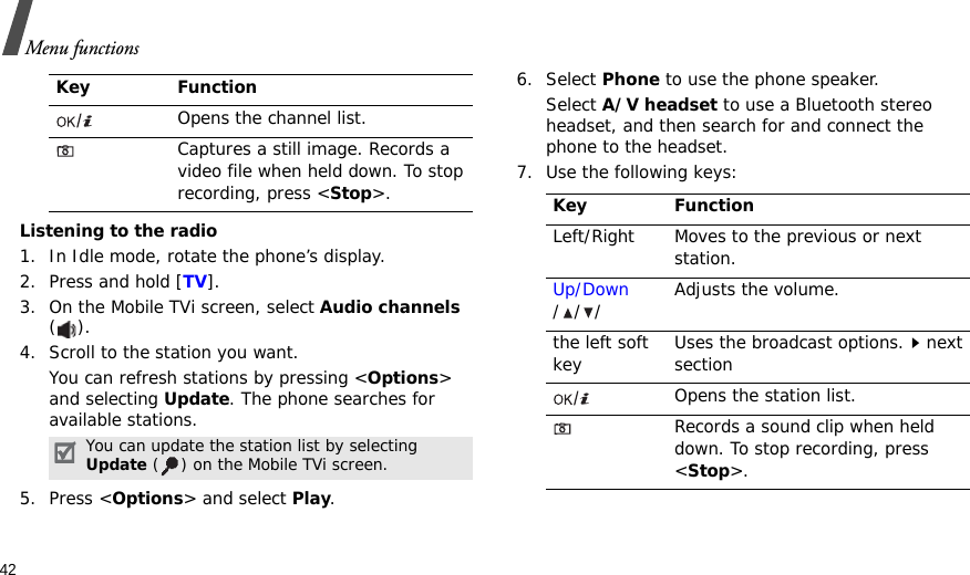 42Menu functionsListening to the radio1. In Idle mode, rotate the phone’s display.2. Press and hold [TV].3. On the Mobile TVi screen, select Audio channels ().4. Scroll to the station you want.You can refresh stations by pressing &lt;Options&gt; and selecting Update. The phone searches for available stations.5. Press &lt;Options&gt; and select Play.6. Select Phone to use the phone speaker. Select A/V headset to use a Bluetooth stereo headset, and then search for and connect the phone to the headset.7. Use the following keys:Opens the channel list.Captures a still image. Records a video file when held down. To stop recording, press &lt;Stop&gt;.You can update the station list by selecting Update ( ) on the Mobile TVi screen.Key FunctionKey FunctionLeft/Right Moves to the previous or next station.Up/Down/// Adjusts the volume. the left soft key Uses the broadcast options.next sectionOpens the station list.Records a sound clip when held down. To stop recording, press &lt;Stop&gt;.