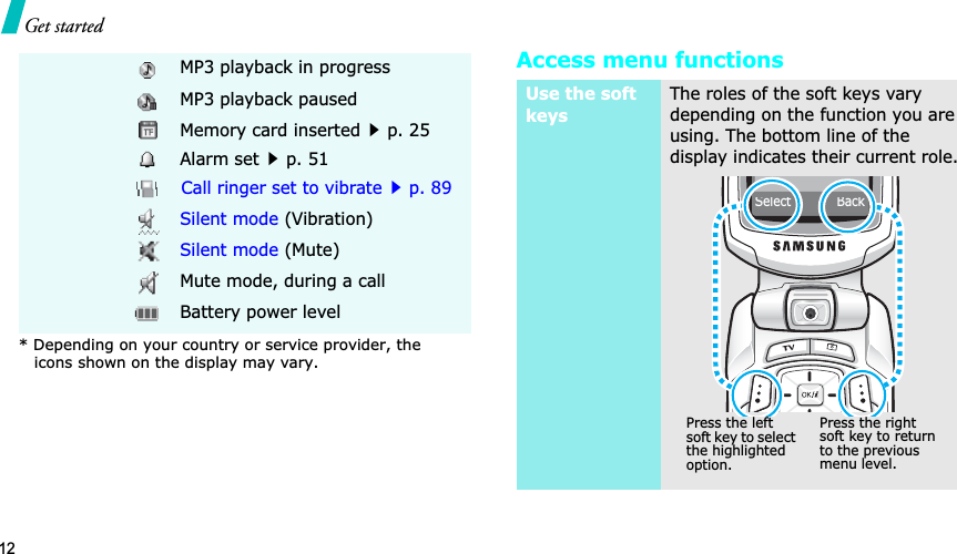 12Get startedAccess menu functionsMP3 playback in progressMP3 playback pausedMemory card insertedp. 25Alarm setp. 51Call ringer set to vibratep. 89Silent mode (Vibration)Silent mode (Mute)Mute mode, during a callBattery power level* Depending on your country or service provider, the icons shown on the display may vary.Use the soft keysThe roles of the soft keys vary depending on the function you are using. The bottom line of the display indicates their current role.Press the left soft key to select the highlighted option.Press the right soft key to return to the previous menu level.Select Back