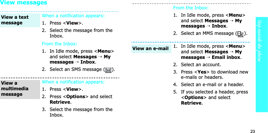 23Step outside the phoneView messagesWhen a notification appears: 1. Press <View>.2. Select the message from the Inbox.From the Inbox:1. In Idle mode, press <Menu>and select Messages→Mymessages→Inbox.2. Select an SMS message ( ).When a notification appears:1. Press <View>.2. Press <Options> and select Retrieve.3. Select the message from the Inbox.View a text messageView a multimedia messageFrom the Inbox:1. In Idle mode, press <Menu>and select Messages→Mymessages→Inbox.2. Select an MMS message ( ).1. In Idle mode, press <Menu>and select Messages→Mymessages →Email inbox.2. Select an account.3. Press <Yes> to download new e-mails or headers.4. Select an e-mail or a header.5. If you selected a header, press <Options> and select Retrieve.View an e-mail