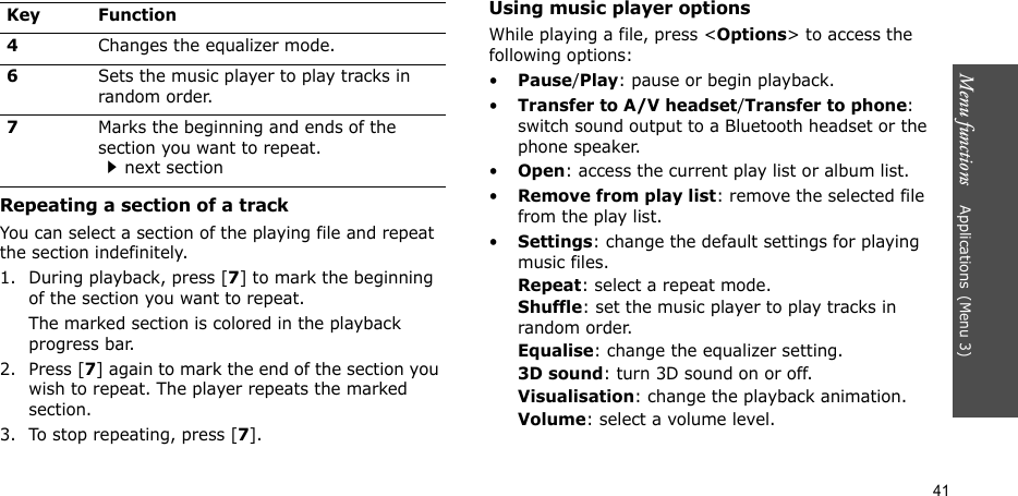 Menu functions    Applications(Menu 3)41Repeating a section of a trackYou can select a section of the playing file and repeat the section indefinitely.1. During playback, press [7] to mark the beginning of the section you want to repeat.The marked section is colored in the playback progress bar.2. Press [7] again to mark the end of the section you wish to repeat. The player repeats the marked section.3. To stop repeating, press [7].Using music player optionsWhile playing a file, press &lt;Options&gt; to access the following options:•Pause/Play: pause or begin playback.•Transfer to A/V headset/Transfer to phone: switch sound output to a Bluetooth headset or the phone speaker.•Open: access the current play list or album list.•Remove from play list: remove the selected file from the play list.•Settings: change the default settings for playing music files. Repeat: select a repeat mode.Shuffle: set the music player to play tracks in random order.Equalise: change the equalizer setting.3D sound: turn 3D sound on or off.Visualisation: change the playback animation.Volume: select a volume level.4Changes the equalizer mode.6Sets the music player to play tracks in random order.7Marks the beginning and ends of the section you want to repeat. next sectionKey Function