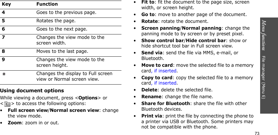 Menu functions    File manager(Menu 6)73Using document optionsWhile viewing a document, press &lt;Options&gt; or &lt; &gt; to access the following options:•Full screen view/Normal screen view: change the view mode.•Zoom: zoom in or out.•Fit to: fit the document to the page size, screen width, or screen height.•Go to: move to another page of the document.•Rotate: rotate the document.•Screen panning/Normal panning: change the panning mode to by screen or by preset pixel.•Show control bar/Hide control bar: show or hide shortcut tool bar in Full screen view.•Send via: send the file via MMS, e-mail, or Bluetooth.•Move to card: move the selected file to a memory card, if inserted.•Copy to card: copy the selected file to a memory card, if inserted.•Delete: delete the selected file.•Rename: change the file name.•Share for Bluetooth: share the file with other Bluetooth devices.•Print via: print the file by connecting the phone to a printer via USB or Bluetooth. Some printers may not be compatible with the phone.4Goes to the previous page.5Rotates the page.6Goes to the next page.7Changes the view mode to the screen width.8Moves to the last page.9Changes the view mode to the screen height.Changes the display to Full screen view or Normal screen view.Key Function