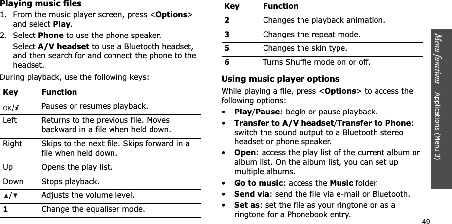 49Menu functions    Applications (Menu 3)Playing music files1. From the music player screen, press &lt;Options&gt;and select Play.2. Select Phone to use the phone speaker.Select A/V headset to use a Bluetooth headset, and then search for and connect the phone to the headset.During playback, use the following keys:Using music player optionsWhile playing a file, press &lt;Options&gt; to access the following options:•Play/Pause: begin or pause playback.•Transfer to A/V headset/Transfer to Phone:switch the sound output to a Bluetooth stereo headset or phone speaker.•Open: access the play list of the current album or album list. On the album list, you can set up multiple albums.•Go to music: access the Music folder.•Send via: send the file via e-mail or Bluetooth.•Set as: set the file as your ringtone or as a ringtone for a Phonebook entry.Key FunctionPauses or resumes playback.Left Returns to the previous file. Moves backward in a file when held down.Right Skips to the next file. Skips forward in a file when held down.Up Opens the play list.Down Stops playback./ Adjusts the volume level.1Change the equaliser mode.2Changes the playback animation.3Changes the repeat mode.5Changes the skin type.6Turns Shuffle mode on or off.Key Function