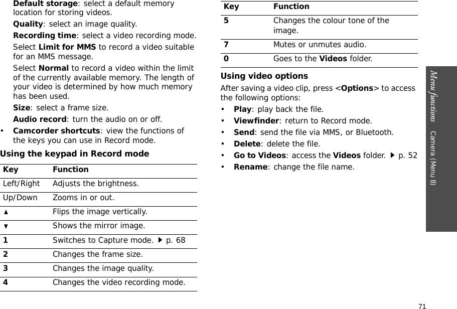 71Menu functions    Camera (Menu 8)Default storage: select a default memory location for storing videos.Quality: select an image quality. Recording time: select a video recording mode.Select Limit for MMS to record a video suitable for an MMS message.Select Normal to record a video within the limit of the currently available memory. The length of your video is determined by how much memory has been used.Size: select a frame size.Audio record: turn the audio on or off.•Camcorder shortcuts: view the functions of the keys you can use in Record mode.Using the keypad in Record modeUsing video optionsAfter saving a video clip, press &lt;Options&gt; to access the following options:•Play: play back the file.•Viewfinder: return to Record mode.•Send: send the file via MMS, or Bluetooth.•Delete: delete the file.•Go to Videos: access the Videos folder.p. 52•Rename: change the file name.Key FunctionLeft/Right Adjusts the brightness.Up/Down Zooms in or out.Flips the image vertically.Shows the mirror image.1Switches to Capture mode.p. 682Changes the frame size.3Changes the image quality.4Changes the video recording mode.5Changes the colour tone of the image.7Mutes or unmutes audio.0Goes to the Videos folder.Key Function