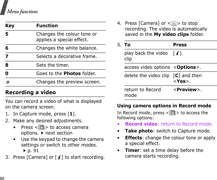 90Menu functionsRecording a videoYou can record a video of what is displayed on the camera screen.1. In Capture mode, press [1].2. Make any desired adjustments.• Press &lt; &gt; to access camera options.next section• Use the keypad to change the camera settings or switch to other modes.p. 913. Press [Camera] or [ ] to start recording.4. Press [Camera] or &lt; &gt; to stop recording. The video is automatically saved in the My video clips folder.Using camera options in Record modeIn Record mode, press &lt; &gt; to access the following options:•Record video: return to Record mode.•Take photo: switch to Capture mode.•Effects: change the colour tone or apply a special effect.•Timer: set a time delay before the camera starts recording.5Changes the colour tone or applies a special effect.6Changes the white balance.7Selects a decorative frame.8Sets the timer.0Goes to the Photos folder. Changes the preview screen.Key Function5.To Pressplay back the video clip[].access video options &lt;Options&gt;.delete the video clip [C] and then &lt;Yes&gt;.return to Record mode&lt;Preview&gt;.
