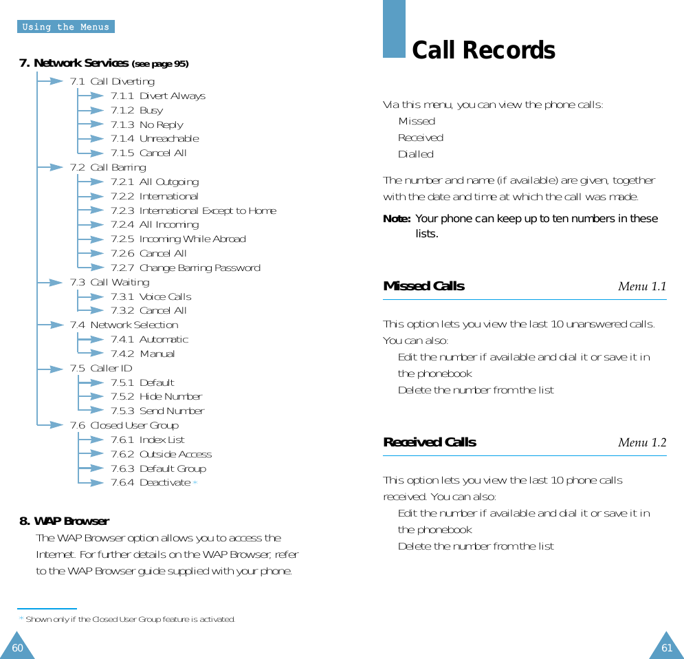 61UUssiinngg  tthhee  MMeennuuss607. Network Services (see page 95)7.1  Call Diverting7.1.1  Divert Always7.1.2  Busy7.1.3  No Reply7.1.4  Unreachable7.1.5  Cancel All7.2  Call Barring 7.2.1  All Outgoing7.2.2  International7.2.3  International Except to Home7.2.4  All Incoming7.2.5  Incoming While Abroad7.2.6  Cancel All7.2.7  Change Barring Password7.3  Call Waiting7.3.1  Voice Calls7.3.2  Cancel All  7.4  Network Selection7.4.1  Automatic7.4.2  Manual7.5  Caller ID7.5.1  Default7.5.2  Hide Number7.5.3  Send Number7.6  Closed User Group7.6.1  Index List7.6.2  Outside Access7.6.3  Default Group7.6.4  Deactivate *8. WAP BrowserThe WAP Browser option allows you to access theInternet. For further details on the WAP Browser, referto the WAP Browser guide supplied with your phone.Call RecordsVia this menu, you can view the phone calls:•  Missed•  Received•  DialledThe number and name (if available) are given, togetherwith the date and time at which the call was made.Note:  Your phone can keep up to ten numbers in theselists.Missed Calls Menu 1.1This option lets you view the last 10 unanswered calls.You can also:•  Edit the number if available and dial it or save it inthe phonebook•  Delete the number from the listReceived Calls Menu 1.2This option lets you view the last 10 phone callsreceived. You can also:•  Edit the number if available and dial it or save it inthe phonebook•  Delete the number from the list*Shown only if the Closed User Group feature is activated.