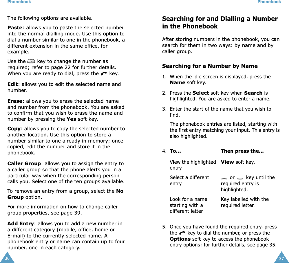 Phonebook36The following options are available.Paste: allows you to paste the selected number into the normal dialling mode. Use this option to dial a number similar to one in the phonebook, a different extension in the same office, for example.Use the   key to change the number as required; refer to page 22 for further details. When you are ready to dial, press the   key.Edit: allows you to edit the selected name and number.Erase: allows you to erase the selected name and number from the phonebook. You are asked to confirm that you wish to erase the name and number by pressing the Yes soft key.Copy: allows you to copy the selected number to another location. Use this option to store a number similar to one already in memory; once copied, edit the number and store it in the phonebook.Caller Group: allows you to assign the entry to a caller group so that the phone alerts you in a particular way when the corresponding person calls you. Select one of the ten groups available. To remove an entry from a group, select the No Group option.For more information on how to change caller group properties, see page 39.Add Entry: allows you to add a new number in a different category (mobile, office, home or E-mail) to the currently selected name. A phonebook entry or name can contain up to four number, one in each catogory.Phonebook37Searching for and Dialling a Number in the PhonebookAfter storing numbers in the phonebook, you can search for them in two ways: by name and by caller group.Searching for a Number by Name1. When the idle screen is displayed, press the Name soft key. 2. Press the Select soft key when Search is highlighted. You are asked to enter a name.3. Enter the start of the name that you wish to find.The phonebook entries are listed, starting with the first entry matching your input. This entry is also highlighted.5. Once you have found the required entry, press the   key to dial the number, or press the Options soft key to access the phonebook entry options; for further details, see page 35.4. To... Then press the...View the highlighted entryView soft key.Select a different entry or   key until the required entry is highlighted.Look for a name starting with a different letterKey labelled with the required letter. 