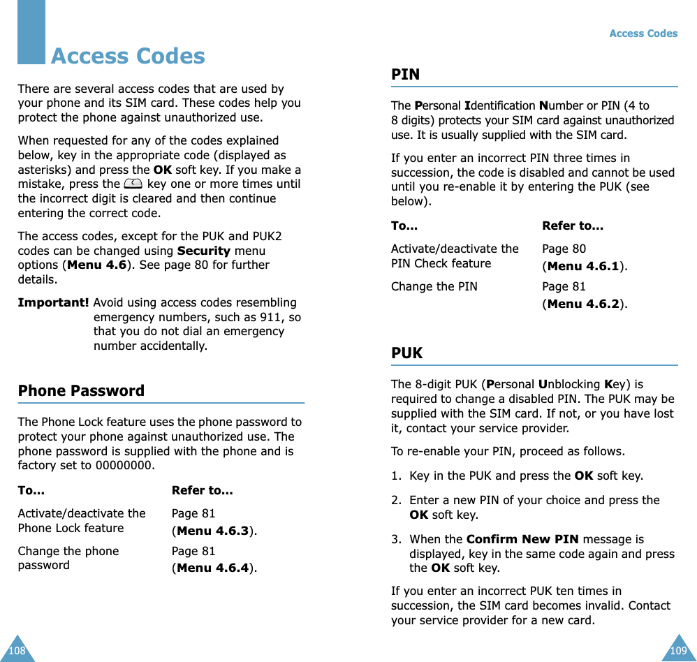 108Access CodesThere are several access codes that are used by your phone and its SIM card. These codes help you protect the phone against unauthorized use.When requested for any of the codes explained below, key in the appropriate code (displayed as asterisks) and press the OK soft key. If you make a mistake, press the   key one or more times until the incorrect digit is cleared and then continue entering the correct code.The access codes, except for the PUK and PUK2 codes can be changed using Security menu options (Menu 4.6). See page 80 for further details.Important! Avoid using access codes resembling emergency numbers, such as 911, so that you do not dial an emergency number accidentally.Phone PasswordThe Phone Lock feature uses the phone password to protect your phone against unauthorized use. The phone password is supplied with the phone and is factory set to 00000000.To... Refer to...Activate/deactivate the Phone Lock featurePage 81(Menu 4.6.3).Change the phone passwordPage 81(Menu 4.6.4).Access Codes109PINThe Personal Identification Number or PIN (4 to 8 digits) protects your SIM card against unauthorized use. It is usually supplied with the SIM card.If you enter an incorrect PIN three times in succession, the code is disabled and cannot be used until you re-enable it by entering the PUK (see below).PUKThe 8-digit PUK (Personal Unblocking Key) is required to change a disabled PIN. The PUK may be supplied with the SIM card. If not, or you have lost it, contact your service provider.To re-enable your PIN, proceed as follows.1. Key in the PUK and press the OK soft key.2. Enter a new PIN of your choice and press the OK soft key.3. When the Confirm New PIN message is displayed, key in the same code again and press the OK soft key.If you enter an incorrect PUK ten times in succession, the SIM card becomes invalid. Contact your service provider for a new card.To... Refer to...Activate/deactivate the PIN Check featurePage 80 (Menu 4.6.1).Change the PIN Page 81(Menu 4.6.2).