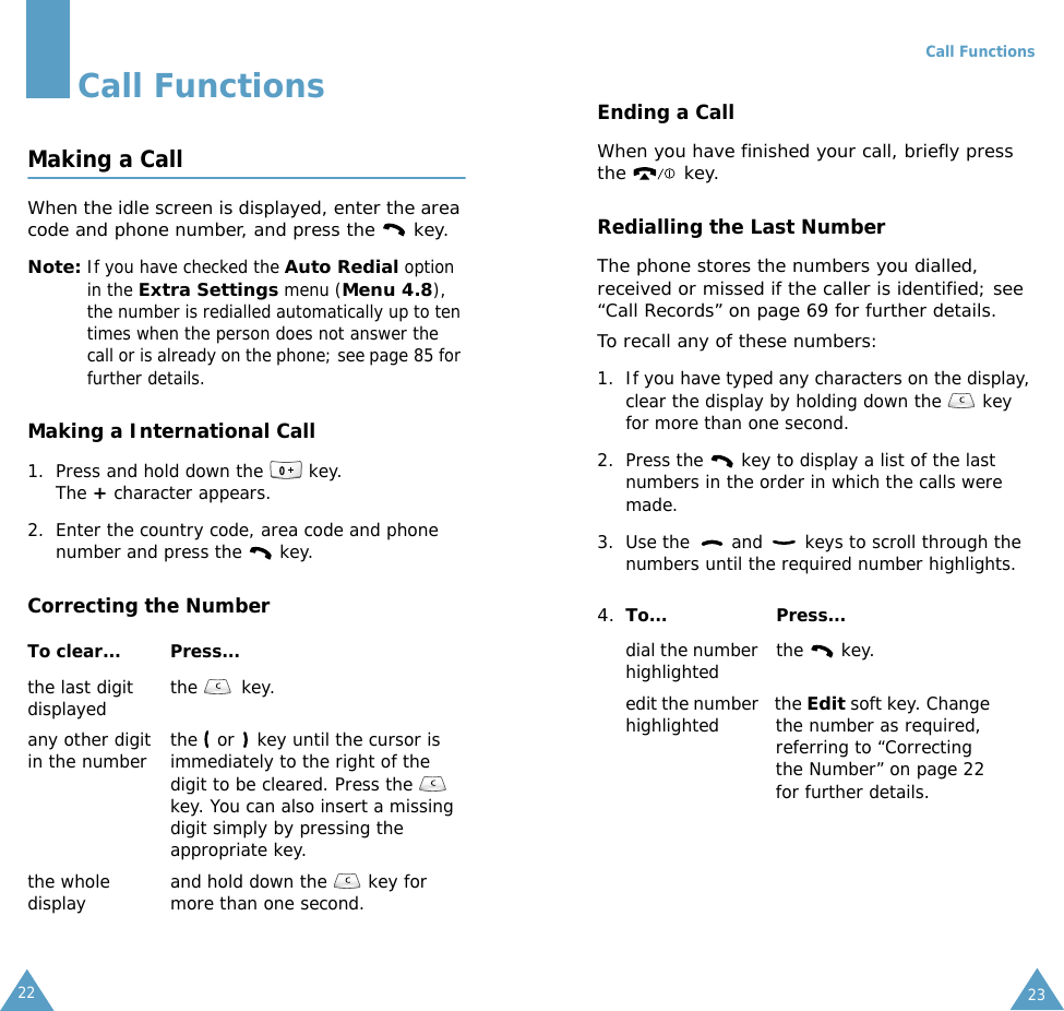 22Call FunctionsMaking a CallWhen the idle screen is displayed, enter the area code and phone number, and press the   key.Note: If you have checked the Auto Redial option in the Extra Settings menu (Menu 4.8), the number is redialled automatically up to ten times when the person does not answer the call or is already on the phone; see page 85 for further details.Making a International Call1. Press and hold down the   key. The + character appears.2. Enter the country code, area code and phone number and press the   key.Correcting the NumberTo clear... Press...the last digit displayed the  key. any other digit in the number the   or   key until the cursor is immediately to the right of the digit to be cleared. Press the   key. You can also insert a missing digit simply by pressing the appropriate key.the whole display and hold down the   key for more than one second.Call Functions23Ending a CallWhen you have finished your call, briefly press the  key.Redialling the Last NumberThe phone stores the numbers you dialled, received or missed if the caller is identified; see &ldquo;Call Records&rdquo; on page 69 for further details. To recall any of these numbers:1. If you have typed any characters on the display, clear the display by holding down the   key for more than one second.2. Press the   key to display a list of the last numbers in the order in which the calls were made.3. Use the   and   keys to scroll through the numbers until the required number highlights.4. To... Press...dial the number highlighted the  key.edit the number highlighted  the Edit soft key. Change the number as required, referring to &ldquo;Correcting the Number&rdquo; on page 22 for further details. 