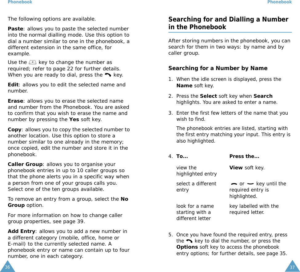 Phonebook36The following options are available.Paste: allows you to paste the selected number into the normal dialling mode. Use this option to dial a number similar to one in the phonebook, a different extension in the same office, for example.Use the   key to change the number as required; refer to page 22 for further details. When you are ready to dial, press the   key.Edit: allows you to edit the selected name and number.Erase: allows you to erase the selected name and number from the Phonebook. You are asked to confirm that you wish to erase the name and number by pressing the Yes soft key.Copy: allows you to copy the selected number to another location. Use this option to store a number similar to one already in the memory; once copied, edit the number and store it in the phonebook.Caller Group: allows you to organise your phonebook entries in up to 10 caller groups so that the phone alerts you in a specific way when a person from one of your groups calls you. Select one of the ten groups available. To remove an entry from a group, select the No Group option.For more information on how to change caller group properties, see page 39.Add Entry: allows you to add a new number in a different category (mobile, office, home or E-mail) to the currently selected name. A phonebook entry or name can contain up to four number, one in each category.Phonebook37Searching for and Dialling a Number in the PhonebookAfter storing numbers in the phonebook, you can search for them in two ways: by name and by caller group.Searching for a Number by Name1. When the idle screen is displayed, press the Name soft key. 2. Press the Select soft key when Search highlights. You are asked to enter a name.3. Enter the first few letters of the name that you wish to find.The phonebook entries are listed, starting with the first entry matching your input. This entry is also highlighted.5. Once you have found the required entry, press the   key to dial the number, or press the Options soft key to access the phonebook entry options; for further details, see page 35.4. To... Press the...view the highlighted entryView soft key.select a different entry  or   key until the required entry is highlighted.look for a name starting with a different letterkey labelled with the required letter. 