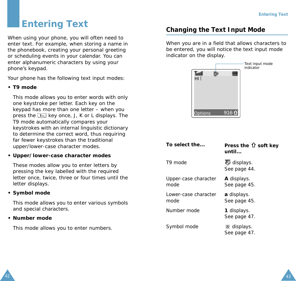 42Entering TextWhen using your phone, you will often need to enter text. For example, when storing a name in the phonebook, creating your personal greeting or scheduling events in your calendar. You can enter alphanumeric characters by using your phone&rsquo;s keypad.Your phone has the following text input modes:&bull; T9 modeThis mode allows you to enter words with only one keystroke per letter. Each key on the keypad has more than one letter &ndash; when you press the   key once, J, K or L displays. The T9 mode automatically compares your keystrokes with an internal linguistic dictionary to determine the correct word, thus requiring far fewer keystrokes than the traditional upper/lower-case character modes.&bull; Upper/lower-case character modesThese modes allow you to enter letters by pressing the key labelled with the required letter once, twice, three or four times until the letter displays.&bull; Symbol modeThis mode allows you to enter various symbols and special characters. &bull; Number modeThis mode allows you to enter numbers.Entering Text43Changing the Text Input ModeWhen you are in a field that allows characters to be entered, you will notice the text input mode indicator on the display.To select the... Press the   soft key until...T9 mode  displays. See page 44.Upper-case character modeA displays. See page 45.Lower-case character modea displays. See page 45.Number mode1 displays. See page 47.Symbol mode  displays. See page 47.Text input mode indicator916HIOptions