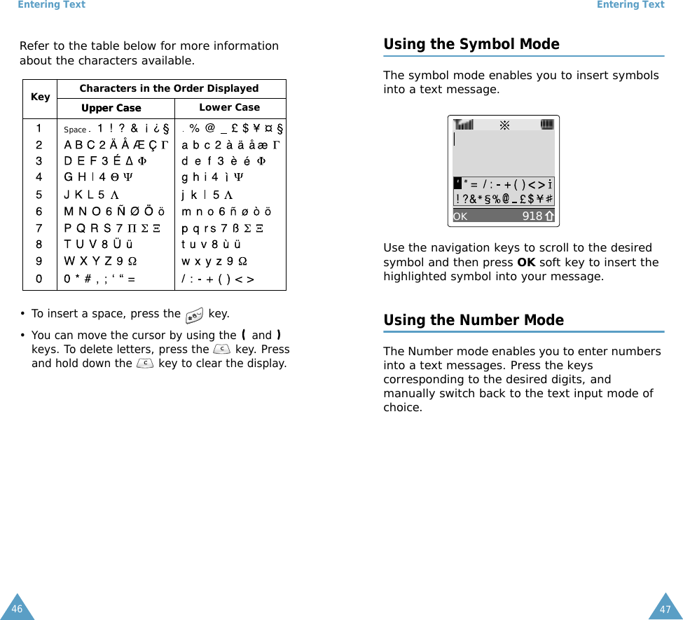 Entering Text46Refer to the table below for more information about the characters available.&bull; To insert a space, press the   key. &bull; You can move the cursor by using the   and   keys. To delete letters, press the  key. Press and hold down the   key to clear the display. Characters in the Order DisplayedKeySpaceUpper CaseUpper Case Lower CaseEntering Text47Using the Symbol ModeThe symbol mode enables you to insert symbols into a text message. Use the navigation keys to scroll to the desired symbol and then press OK soft key to insert the highlighted symbol into your message. Using the Number ModeThe Number mode enables you to enter numbers into a text messages. Press the keys corresponding to the desired digits, and manually switch back to the text input mode of choice.918OK
