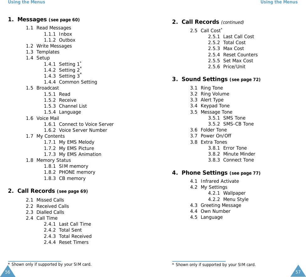 Using the Menus561.  Messages (see page 60)1.1  Read Messages1.1.1  Inbox1.1.2  Outbox1.2  Write Messages1.3  Templates1.4  Setup1.4.1  Setting 1*1.4.2  Setting 2*1.4.3  Setting 3*1.4.4  Common Setting1.5  Broadcast1.5.1  Read1.5.2  Receive1.5.3  Channel List1.5.4  Language1.6  Voice Mail1.6.1  Connect to Voice Server1.6.2  Voice Server Number1.7  My Contents1.7.1  My EMS Melody1.7.2  My EMS Picture1.7.3  My EMS Animation1.8  Memory Status1.8.1  SIM memory1.8.2  PHONE memory1.8.3  CB memory2.  Call Records (see page 69)2.1  Missed Calls2.2  Received Calls2.3  Dialled Calls2.4  Call Time2.4.1  Last Call Time2.4.2  Total Sent2.4.3  Total Received2.4.4  Reset Timers* Shown only if supported by your SIM card.Using the Menus572.  Call Records (continued)2.5  Call Cost*2.5.1  Last Call Cost2.5.2  Total Cost2.5.3  Max Cost2.5.4  Reset Counters2.5.5  Set Max Cost2.5.6  Price/Unit3.  Sound Settings (see page 72)3.1  Ring Tone3.2  Ring Volume3.3  Alert Type3.4  Keypad Tone3.5  Message Tone3.5.1  SMS Tone3.5.2  SMS-CB Tone3.6  Folder Tone3.7  Power On/Off3.8  Extra Tones 3.8.1  Error Tone3.8.2  Minute Minder3.8.3  Connect Tone4.  Phone Settings (see page 77)4.1  Infrared Activate4.2  My Settings4.2.1  Wallpaper4.2.2  Menu Style4.3  Greeting Message4.4  Own Number4.5  Language* Shown only if supported by your SIM card.