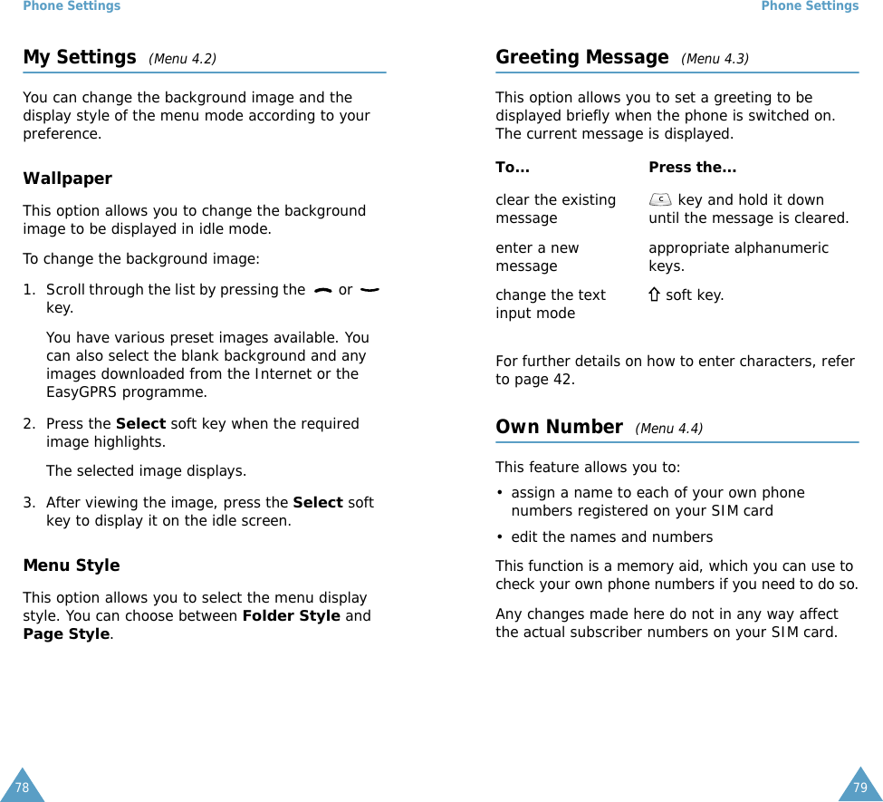 Phone Settings78My Settings  (Menu 4.2)You can change the background image and the  display style of the menu mode according to your preference.WallpaperThis option allows you to change the background image to be displayed in idle mode.To change the background image:1. Scroll through the list by pressing the   or   key.You have various preset images available. You can also select the blank background and any images downloaded from the Internet or the EasyGPRS programme. 2. Press the Select soft key when the required image highlights.The selected image displays.3. After viewing the image, press the Select soft key to display it on the idle screen.Menu StyleThis option allows you to select the menu display style. You can choose between Folder Style and Page Style. Phone Settings79Greeting Message  (Menu 4.3)This option allows you to set a greeting to be displayed briefly when the phone is switched on. The current message is displayed.For further details on how to enter characters, refer to page 42. Own Number  (Menu 4.4)This feature allows you to:&bull; assign a name to each of your own phone numbers registered on your SIM card&bull; edit the names and numbersThis function is a memory aid, which you can use to check your own phone numbers if you need to do so.Any changes made here do not in any way affect the actual subscriber numbers on your SIM card.To... Press the...clear the existing message  key and hold it down until the message is cleared.enter a new message appropriate alphanumeric keys.change the text input mode  soft key.