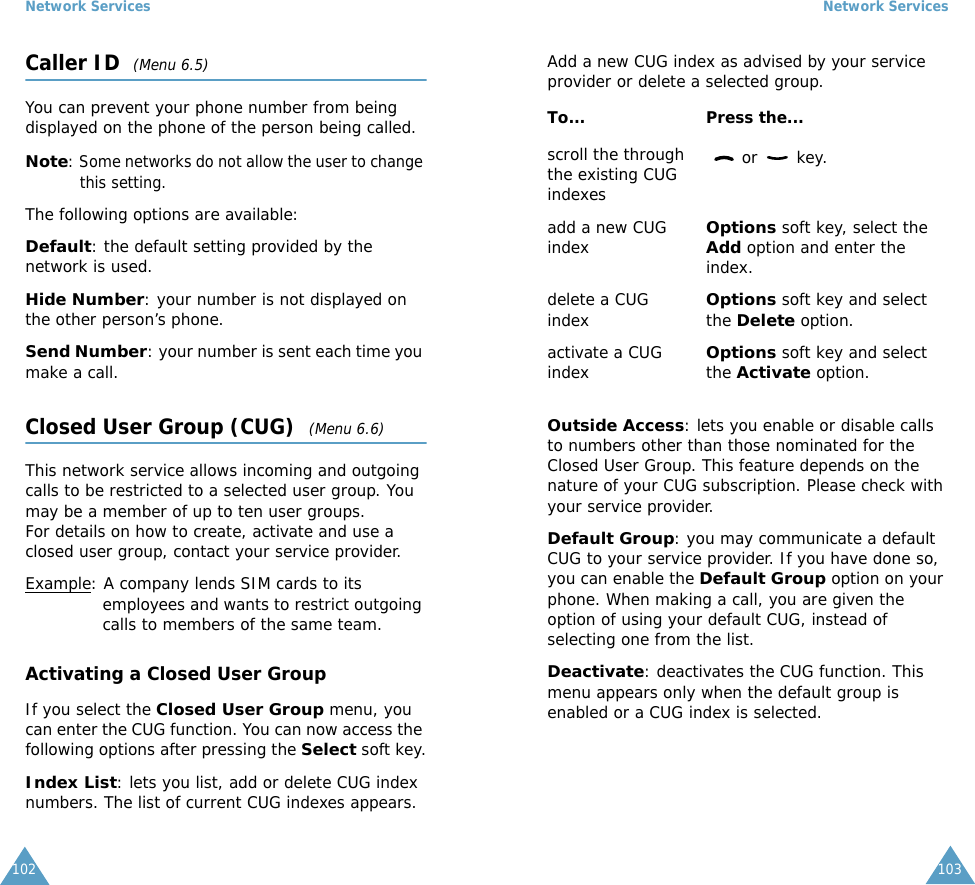 Network Services102Caller ID  (Menu 6.5)You can prevent your phone number from being displayed on the phone of the person being called.Note: Some networks do not allow the user to change this setting.The following options are available:Default: the default setting provided by the network is used.Hide Number: your number is not displayed on the other person&rsquo;s phone.Send Number: your number is sent each time you make a call.Closed User Group (CUG)  (Menu 6.6)This network service allows incoming and outgoing calls to be restricted to a selected user group. You may be a member of up to ten user groups.For details on how to create, activate and use a closed user group, contact your service provider.Example: A company lends SIM cards to its employees and wants to restrict outgoing calls to members of the same team.Activating a Closed User GroupIf you select the Closed User Group menu, you can enter the CUG function. You can now access the following options after pressing the Select soft key.Index List: lets you list, add or delete CUG index numbers. The list of current CUG indexes appears. Network Services103Add a new CUG index as advised by your service provider or delete a selected group.Outside Access: lets you enable or disable calls to numbers other than those nominated for the Closed User Group. This feature depends on the nature of your CUG subscription. Please check with your service provider.Default Group: you may communicate a default CUG to your service provider. If you have done so, you can enable the Default Group option on your phone. When making a call, you are given the option of using your default CUG, instead of selecting one from the list.Deactivate: deactivates the CUG function. This menu appears only when the default group is enabled or a CUG index is selected.To... Press the...scroll the through the existing CUG indexes    or   key.add a new CUG indexOptions soft key, select the Add option and enter the index.delete a CUG indexOptions soft key and select the Delete option.activate a CUG indexOptions soft key and select the Activate option.