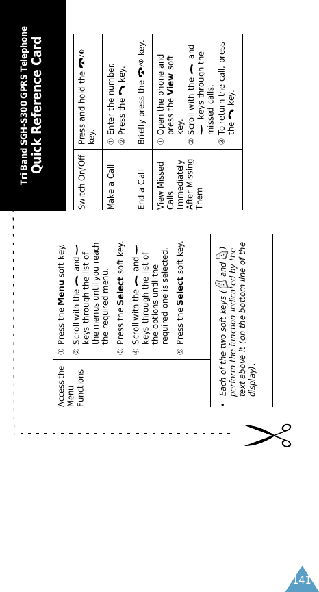  141 Access the Menu Functions ➀ Press the  Menu  soft key. ➁ Scroll with the   and   keys through the list of the menus until you reach the required menu. ➂ Press the  Select  soft key. ➃ Scroll with the   and   keys through the list of the options until the required one is selected. ➄ Press the Select soft key.&bull; Each of the two soft keys (  and  ) perform the function indicated by the text above it (on the bottom line of the display).Switch On/Off Press and hold the   key.Make a Call ➀Enter the number.➁Press the   key.End a Call Briefly press the   key.View Missed Calls Immediately After Missing Them➀Open the phone and press the View soft key.➁Scroll with the   and  keys through the missed calls.➂To return the call, press the  key.Tri Band SGH-S300 GPRS TelephoneQuick Reference Card