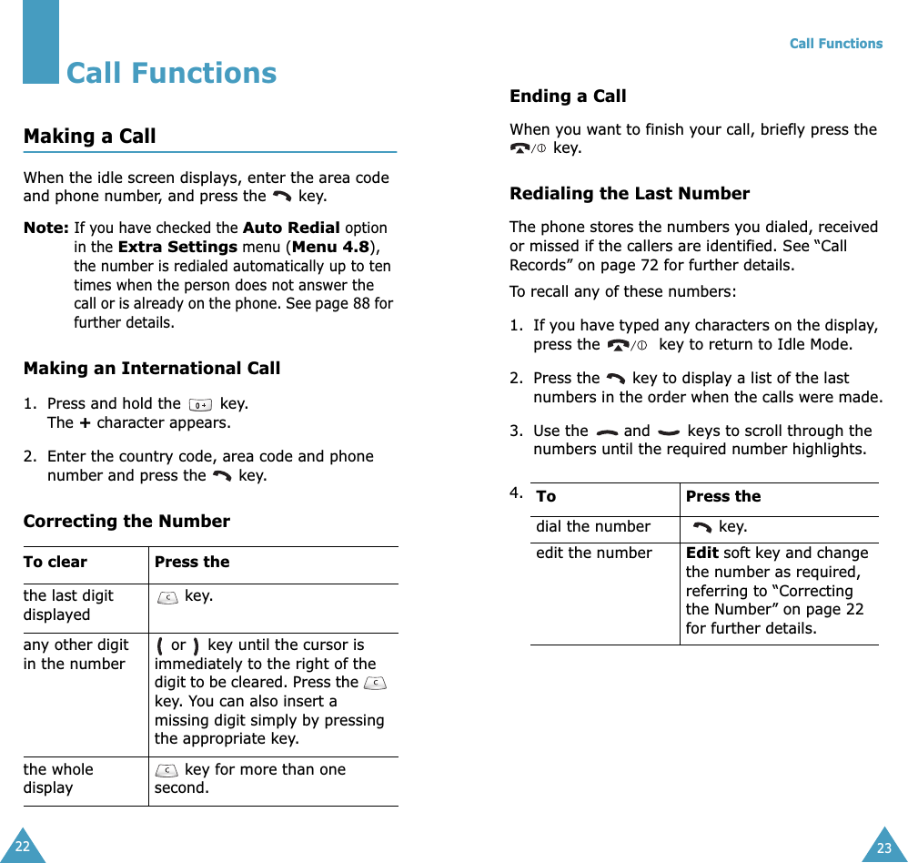 22Call FunctionsMaking a CallWhen the idle screen displays, enter the area code and phone number, and press the   key.Note: If you have checked the Auto Redial option in the Extra Settings menu (Menu 4.8), the number is redialed automatically up to ten times when the person does not answer the call or is already on the phone. See page 88 for further details.Making an International Call1. Press and hold the   key. The + character appears.2. Enter the country code, area code and phone number and press the   key.Correcting the NumberTo clear Press thethe last digit displayed key. any other digit in the number or   key until the cursor is immediately to the right of the digit to be cleared. Press the   key. You can also insert a missing digit simply by pressing the appropriate key.the whole display key for more than one second.Call Functions23Ending a CallWhen you want to finish your call, briefly press the  key.Redialing the Last NumberThe phone stores the numbers you dialed, received or missed if the callers are identified. See “Call Records” on page 72 for further details. To recall any of these numbers:1. If you have typed any characters on the display, press the   key to return to Idle Mode. 2. Press the   key to display a list of the last numbers in the order when the calls were made.3. Use the   and   keys to scroll through the numbers until the required number highlights.4.To Press thedial the number   key.edit the number Edit soft key and change the number as required, referring to “Correcting the Number” on page 22 for further details. 