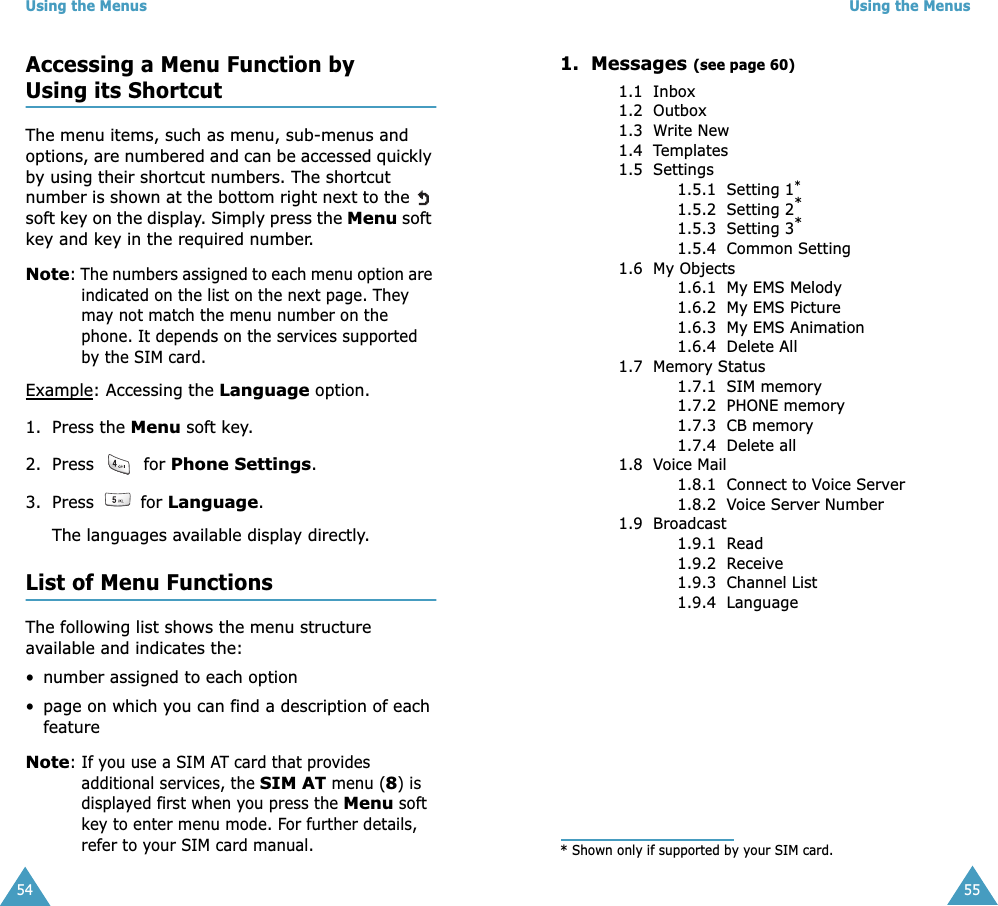 Using the Menus54Accessing a Menu Function by Using its ShortcutThe menu items, such as menu, sub-menus and options, are numbered and can be accessed quickly by using their shortcut numbers. The shortcut number is shown at the bottom right next to the   soft key on the display. Simply press the Menu soft key and key in the required number.Note: The numbers assigned to each menu option are indicated on the list on the next page. They may not match the menu number on the phone. It depends on the services supported by the SIM card.Example: Accessing the Language option.1. Press the Menu soft key.2. Press  for Phone Settings.3. Press  for Language.The languages available display directly. List of Menu FunctionsThe following list shows the menu structure available and indicates the:• number assigned to each option• page on which you can find a description of each featureNote: If you use a SIM AT card that provides additional services, the SIM AT menu (8) is displayed first when you press the Menu soft key to enter menu mode. For further details, refer to your SIM card manual.Using the Menus551.  Messages (see page 60)1.1  Inbox1.2  Outbox1.3  Write New1.4  Templates1.5  Settings1.5.1  Setting 1*1.5.2  Setting 2*1.5.3  Setting 3*1.5.4  Common Setting1.6  My Objects1.6.1  My EMS Melody1.6.2  My EMS Picture1.6.3  My EMS Animation1.6.4  Delete All1.7  Memory Status1.7.1  SIM memory1.7.2  PHONE memory1.7.3  CB memory1.7.4  Delete all1.8  Voice Mail1.8.1  Connect to Voice Server1.8.2  Voice Server Number1.9  Broadcast1.9.1  Read1.9.2  Receive1.9.3  Channel List1.9.4  Language* Shown only if supported by your SIM card.