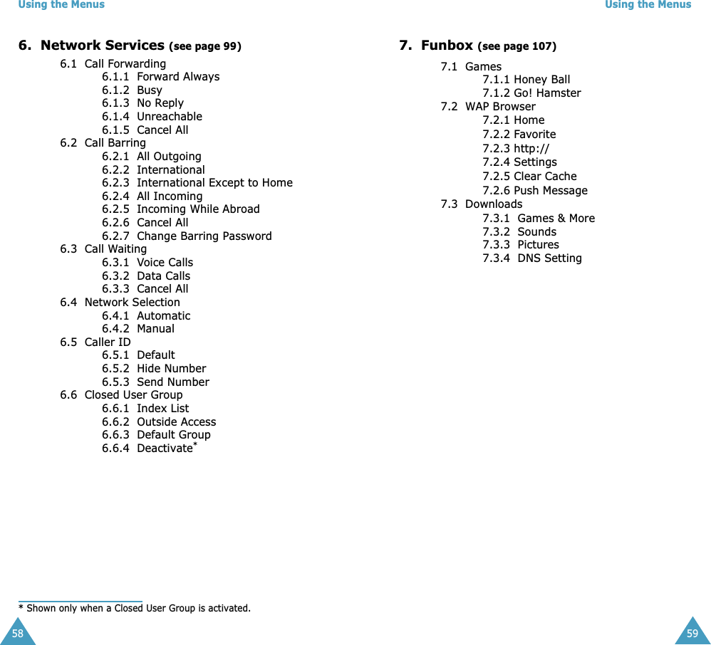 Using the Menus586.  Network Services (see page 99)6.1  Call Forwarding6.1.1  Forward Always6.1.2  Busy6.1.3  No Reply6.1.4  Unreachable6.1.5  Cancel All6.2  Call Barring6.2.1  All Outgoing6.2.2  International6.2.3  International Except to Home6.2.4  All Incoming6.2.5  Incoming While Abroad6.2.6  Cancel All6.2.7  Change Barring Password6.3  Call Waiting6.3.1  Voice Calls6.3.2  Data Calls6.3.3  Cancel All6.4  Network Selection6.4.1  Automatic6.4.2  Manual6.5  Caller ID6.5.1  Default6.5.2  Hide Number6.5.3  Send Number6.6  Closed User Group6.6.1  Index List6.6.2  Outside Access6.6.3  Default Group6.6.4  Deactivate** Shown only when a Closed User Group is activated.Using the Menus597.  Funbox (see page 107)7.1  Games7.1.1 Honey Ball7.1.2 Go! Hamster7.2  WAP Browser 7.2.1 Home7.2.2 Favorite7.2.3 http://7.2.4 Settings7.2.5 Clear Cache7.2.6 Push Message7.3  Downloads7.3.1  Games &amp; More7.3.2  Sounds7.3.3  Pictures7.3.4  DNS Setting