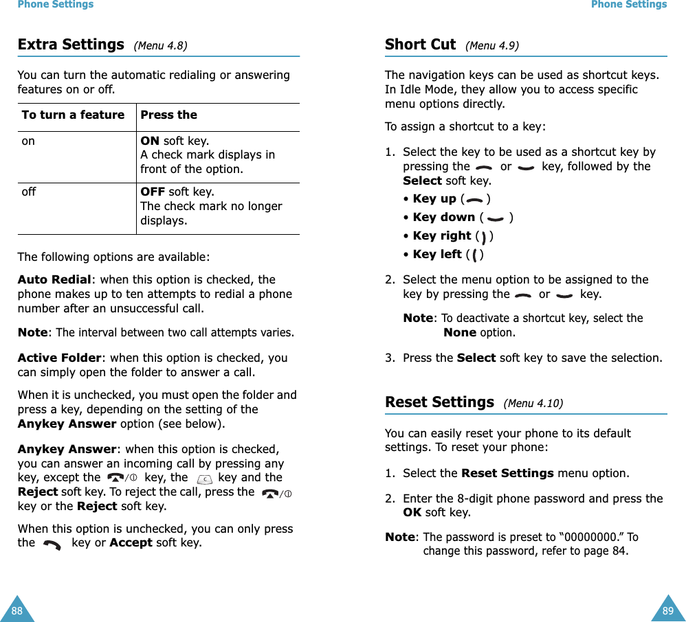Phone Settings88Extra Settings  (Menu 4.8)You can turn the automatic redialing or answering features on or off. The following options are available:Auto Redial: when this option is checked, the phone makes up to ten attempts to redial a phone number after an unsuccessful call.Note: The interval between two call attempts varies.Active Folder: when this option is checked, you can simply open the folder to answer a call.When it is unchecked, you must open the folder and press a key, depending on the setting of the Anykey Answer option (see below).Anykey Answer: when this option is checked, you can answer an incoming call by pressing any key, except the   key, the   key and the Reject soft key. To reject the call, press the   key or the Reject soft key. When this option is unchecked, you can only press the   key or Accept soft key.To turn a feature Press theonON soft key.A check mark displays in front of the option.offOFF soft key.The check mark no longer displays.Phone Settings89Short Cut  (Menu 4.9)The navigation keys can be used as shortcut keys. In Idle Mode, they allow you to access specific menu options directly.To assign a shortcut to a key:1. Select the key to be used as a shortcut key by pressing the   or   key, followed by the Select soft key.• Key up ()• Key down ()• Key right ()• Key left () 2. Select the menu option to be assigned to the key by pressing the   or   key.Note: To deactivate a shortcut key, select the None option.3. Press the Select soft key to save the selection.Reset Settings  (Menu 4.10)You can easily reset your phone to its default settings. To reset your phone: 1. Select the Reset Settings menu option.2. Enter the 8-digit phone password and press the OK soft key.Note: The password is preset to “00000000.” To change this password, refer to page 84.