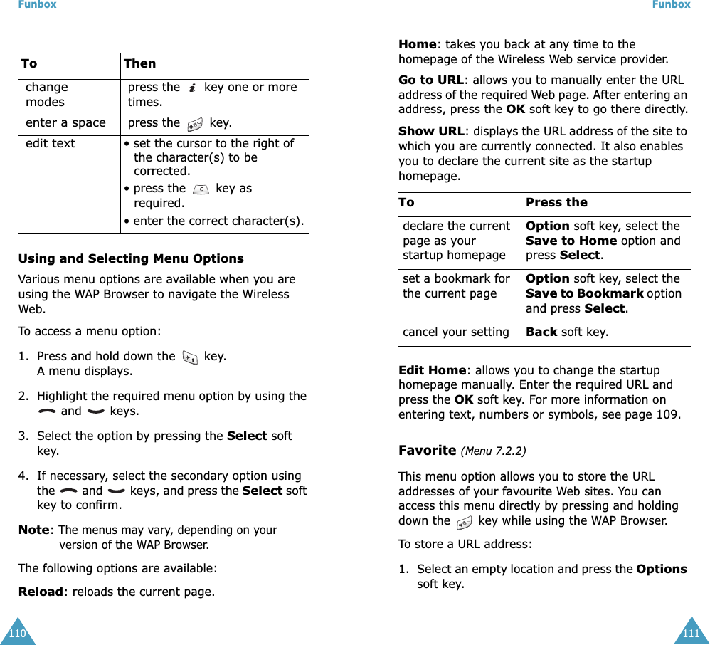 Funbox110Using and Selecting Menu OptionsVarious menu options are available when you are using the WAP Browser to navigate the Wireless Web.To access a menu option:1. Press and hold down the   key. A menu displays.2. Highlight the required menu option by using the  and   keys.3. Select the option by pressing the Select soft key.4. If necessary, select the secondary option using the   and   keys, and press the Select soft key to confirm.Note: The menus may vary, depending on your version of the WAP Browser.The following options are available:Reload: reloads the current page.To Thenchange modespress the   key one or more times.enter a spacepress the   key.edit text• set the cursor to the right of the character(s) to be corrected.• press the   key as required.• enter the correct character(s).Funbox111Home: takes you back at any time to the homepage of the Wireless Web service provider.Go to URL: allows you to manually enter the URL address of the required Web page. After entering an address, press the OK soft key to go there directly.Show URL: displays the URL address of the site to which you are currently connected. It also enables you to declare the current site as the startup homepage. Edit Home: allows you to change the startup homepage manually. Enter the required URL and press the OK soft key. For more information on entering text, numbers or symbols, see page 109.Favorite (Menu 7.2.2)This menu option allows you to store the URL addresses of your favourite Web sites. You can access this menu directly by pressing and holding down the  key while using the WAP Browser.To store a URL address:1. Select an empty location and press the Options soft key.To Press thedeclare the current page as your startup homepageOption soft key, select the Save to Home option and press Select.set a bookmark for the current pageOption soft key, select the Save to Bookmark option and press Select.cancel your settingBack soft key.