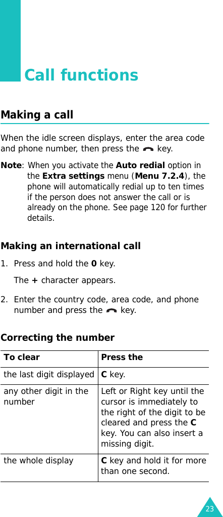 23Call functionsMaking a callWhen the idle screen displays, enter the area code and phone number, then press the   key.Note: When you activate the Auto redial option in the Extra settings menu (Menu 7.2.4), the phone will automatically redial up to ten times if the person does not answer the call or is already on the phone. See page 120 for further details.Making an international call1. Press and hold the 0 key. The + character appears.2. Enter the country code, area code, and phone number and press the   key.Correcting the numberTo clear Press thethe last digit displayedC key. any other digit in the number Left or Right key until the cursor is immediately to the right of the digit to be cleared and press the C key. You can also insert a missing digit.the whole displayC key and hold it for more than one second.